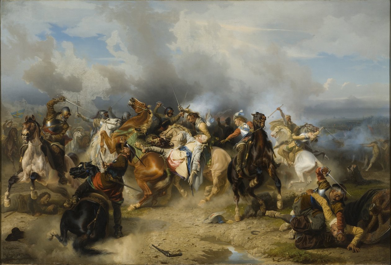 Śmierć króla Szwecji Gustawa II Adolfa (1594-1632) powiedział Wielki lub Lew Północy w bitwie pod Luetzen, 6 listopada 1632 - Śmierć króla Szwecji Gustawa II Adolfa w bitwie pod Luetzen w dniu 6 listopada 1632, przez Wahlboma Carla (1810-1858). Olej włączo autorstwa Carl Wahlbom