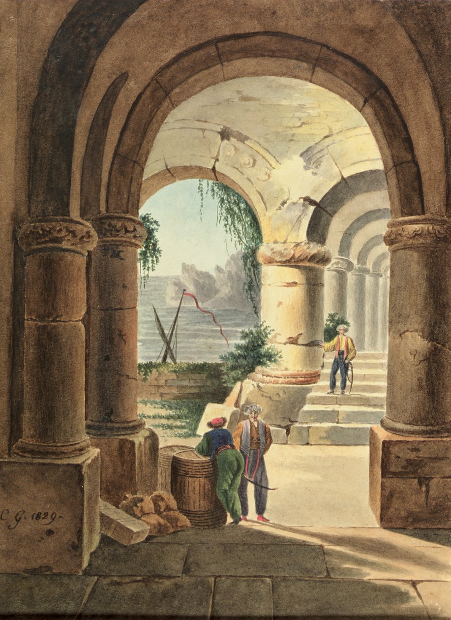 Widok na morze przez krużganek, 1829 (wc na tekturze) autorstwa Carl Wilhelm Goetzloff
