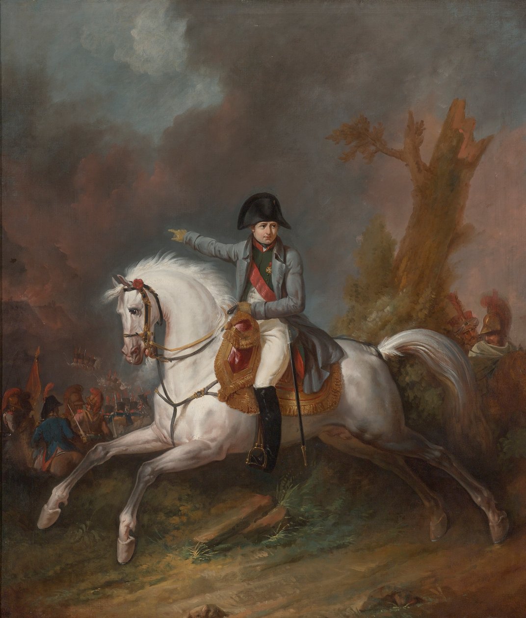 Konny portret cesarza Napoleona z bitwą poza nią autorstwa Carle Vernet
