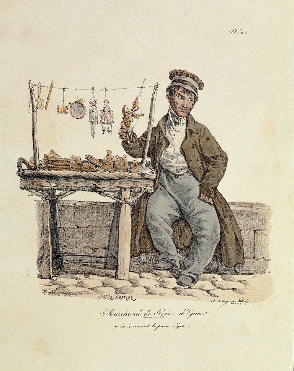 Sprzedawca pierników, numer 25 z serii „Okrzyki Paryża”, sztychowany przez Francois Serafina Delpecha (1778-1825) autorstwa Carle Vernet