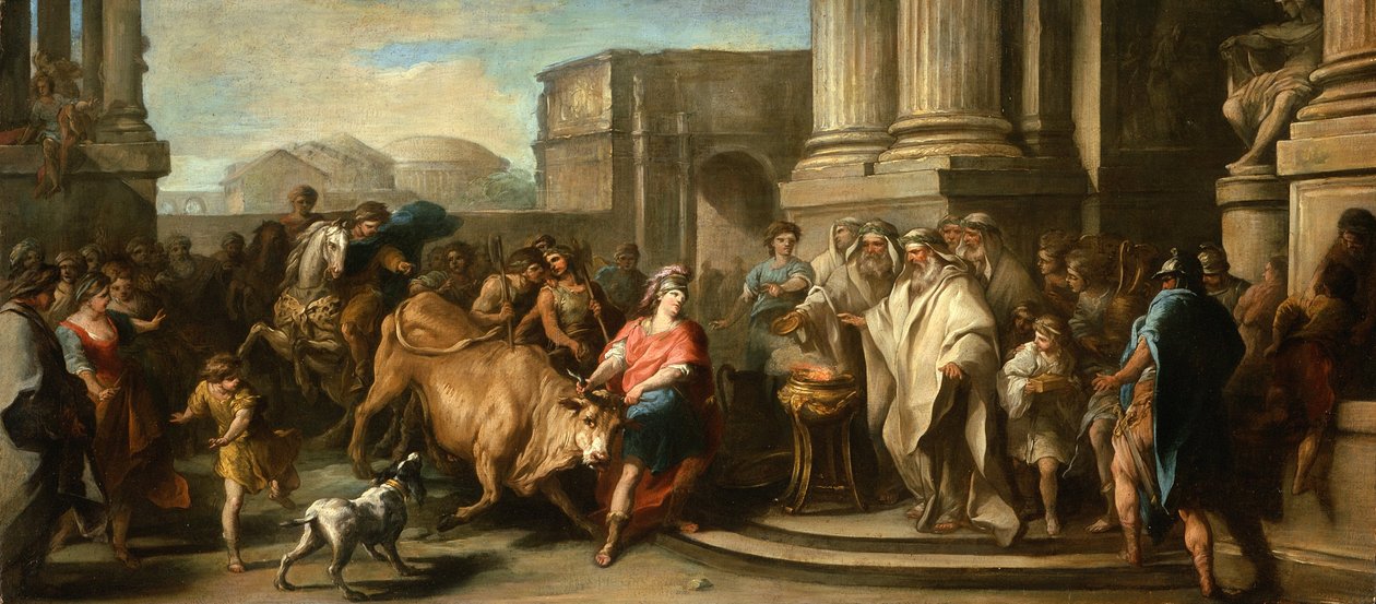 Tezeusz oswaja Bullę Maratonu, ok. 1730 r. autorstwa Carle van Loo