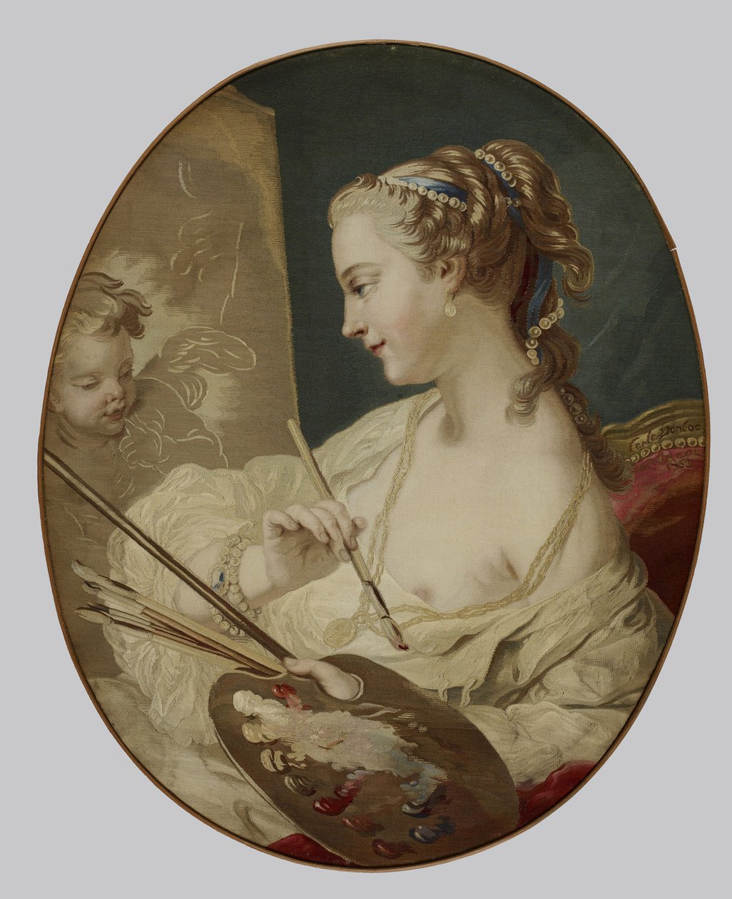 Alegoryczna postać kobiety przedstawiającej malarstwo, 1763 (jedwab na bawełnianej chuście) autorstwa Carle van after Loo