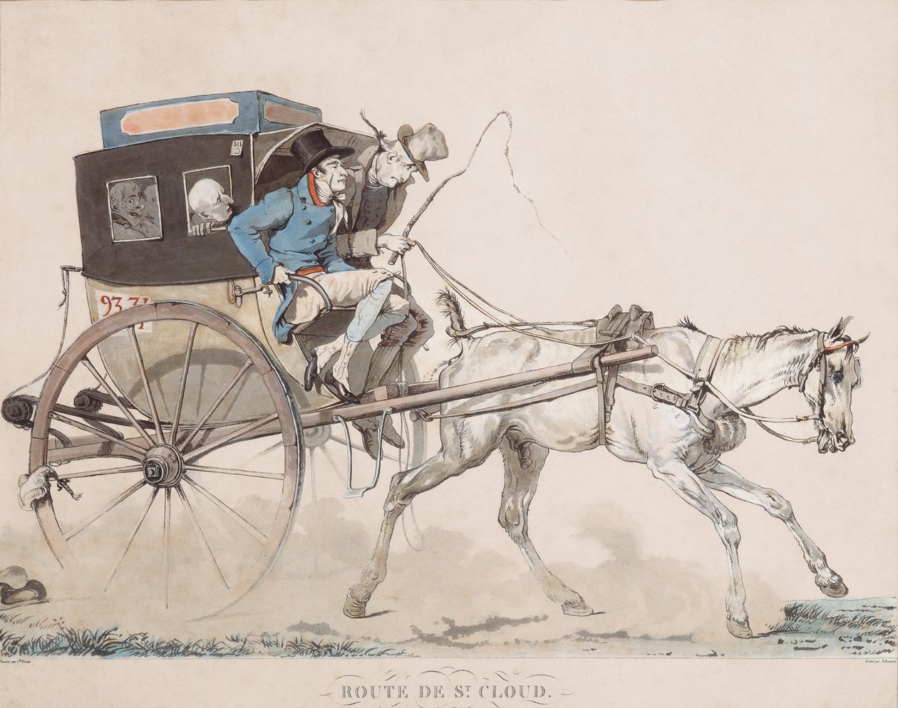 Kabriolet Coucou na drodze do Saint-Cloud (grawerowanie) autorstwa Carle (after) Vernet