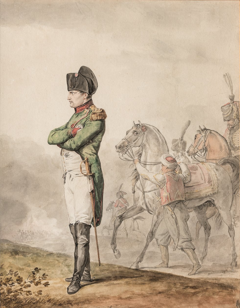 Cesarz Napoleon Bonaparte I (1769-1821) w Austerlitz (ołówek i akwarela wzmocniona bielą) autorstwa Carle (attr. to) Vernet