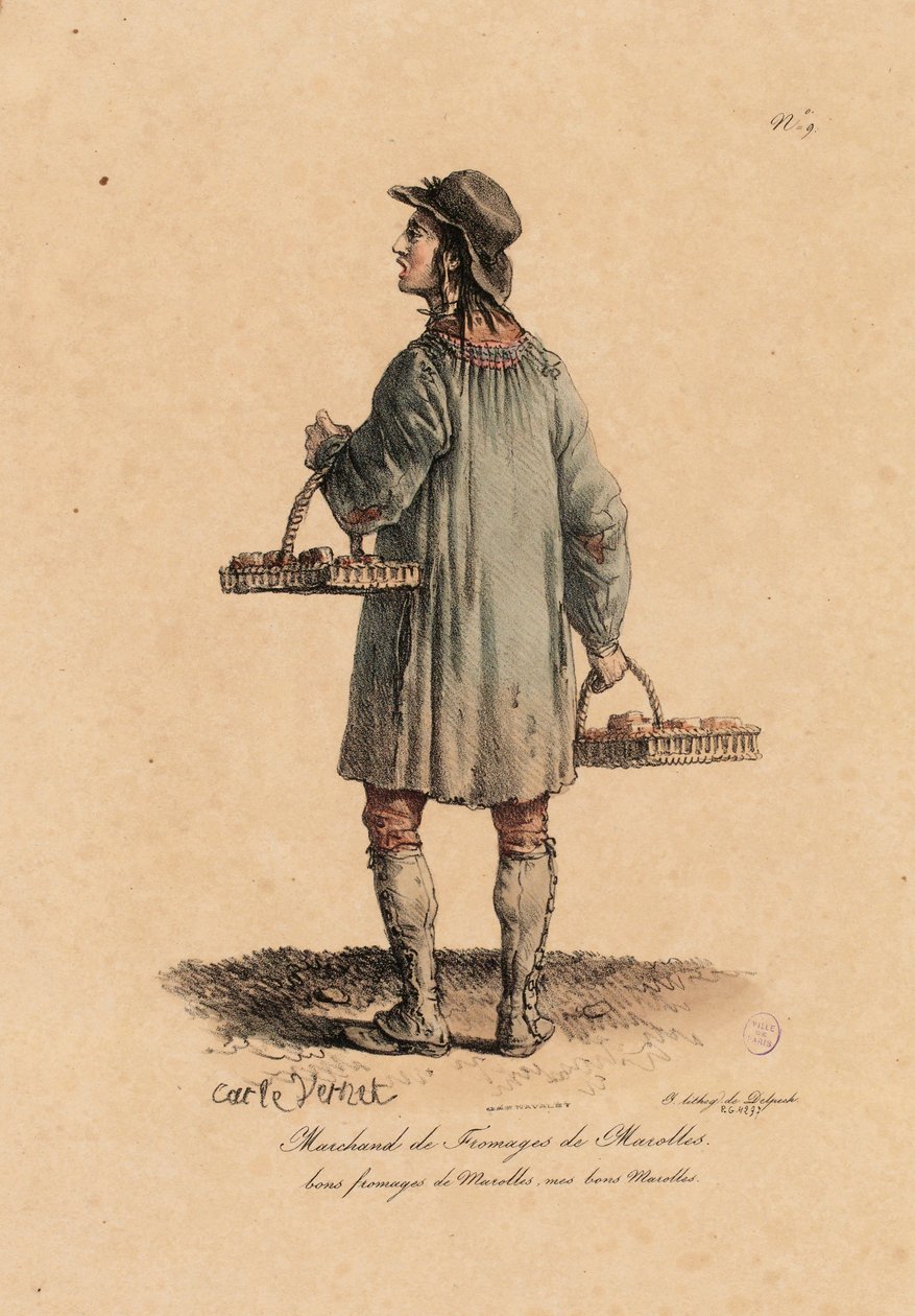Sprzedawca serów z Marolles z „Les cris de Paris” ok. 1823-25 (litho) autorstwa Carle Vernet