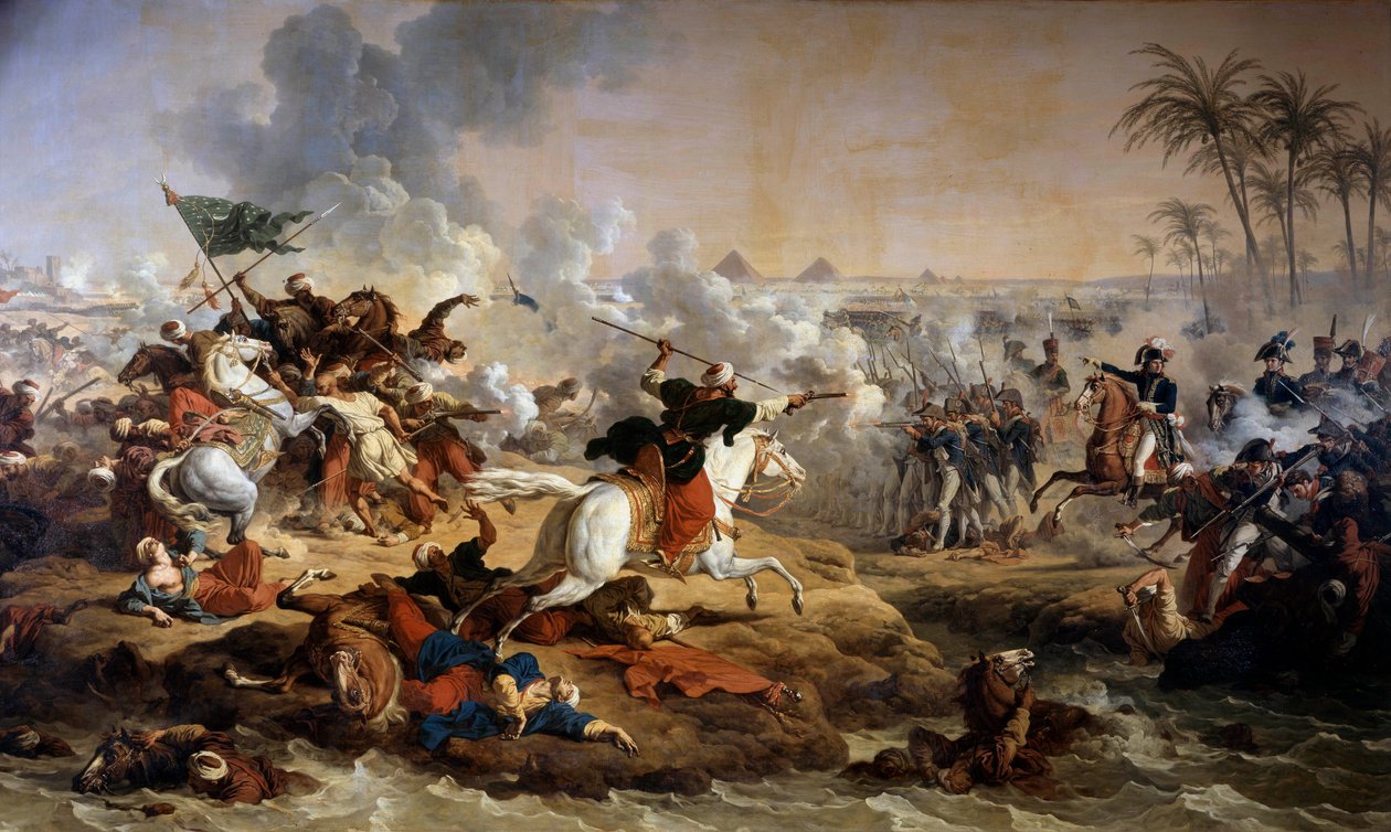 Kampania (wyprawa) egipska (1798-1801): „”Bitwa pod piramidami w dniu 21.07.1798”” Obraz Antoine dit Carle Vernet (1758-1836) Boissy Saint Leger z XVIII wieku. Zamek Grosbois autorstwa Carle Vernet