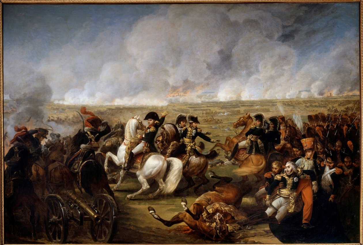 Cesarz Napoleon I (1769-1821) w bitwie pod Wagram w dniu 5.07.1809. Po prawej dwóch żołnierzy pomagało rannemu podczas bitwy generałowi Josephowi Marie Dessaix (1764-1834). Obraz Antoine Carle Vernet (1758-1836) autorstwa Carle Vernet