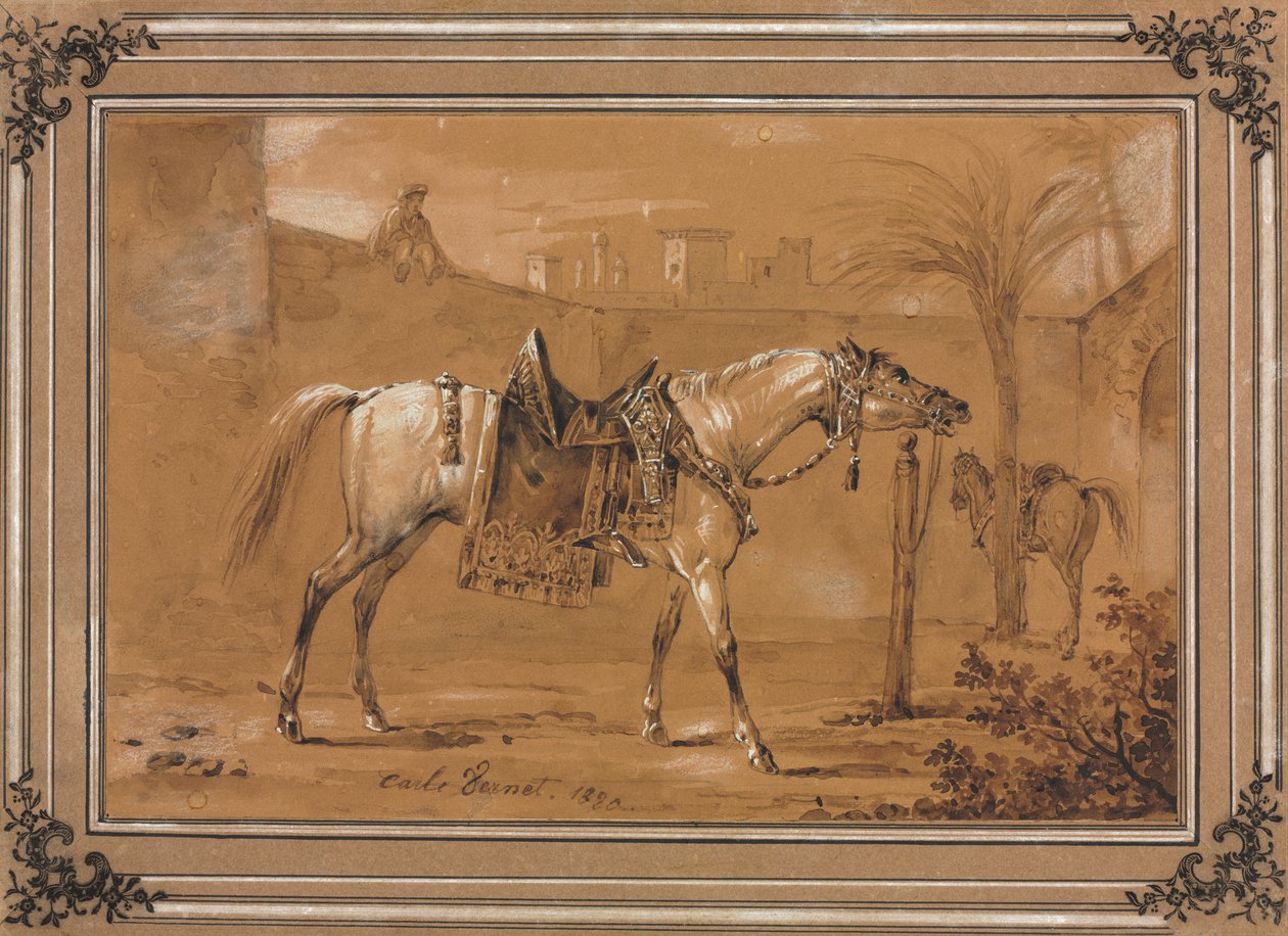 Osiodłany koń arabski na dziedzińcu, 1820 r. autorstwa Carle Vernet