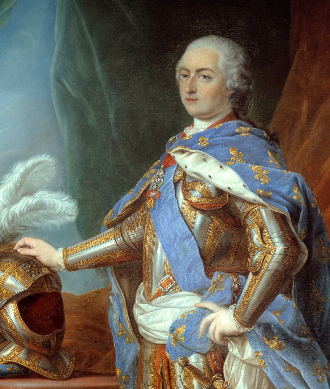Szczegół „”Pełnowymiarowy portret Ludwika XV „” (1710-1774). Obraz Carle Van Loo (1705-1765) autorstwa Carle van Loo