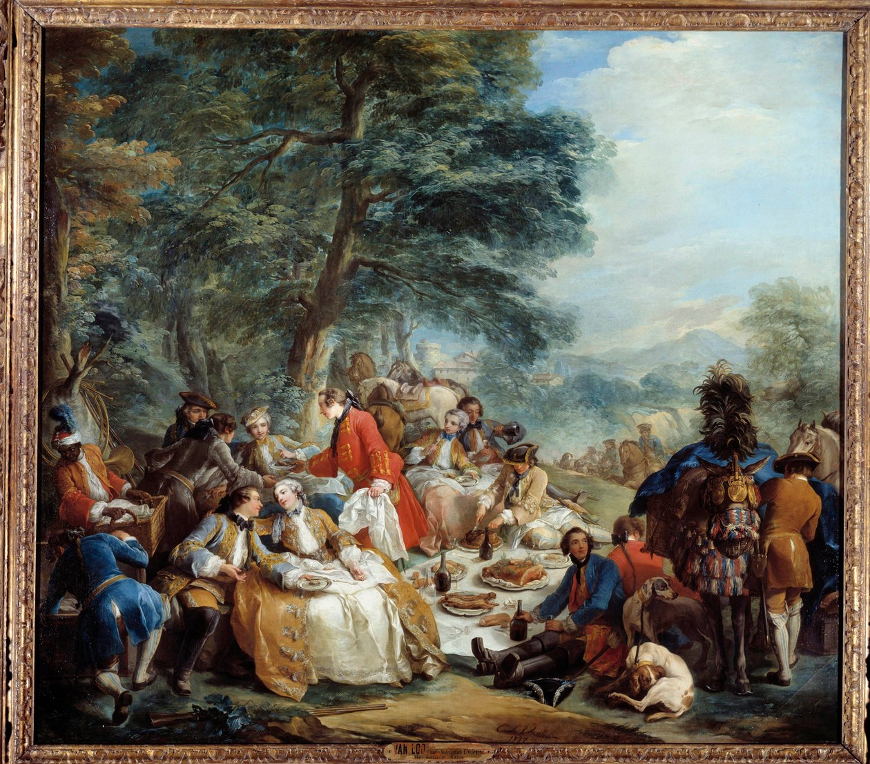 Przystanek na polowanie Piknik szlachty podczas polowania. Obraz Charlesa Andre Van Loo (1705-1765) XVIII-wieczne Słońce. 2,2x2,5m. autorstwa Carle van Loo