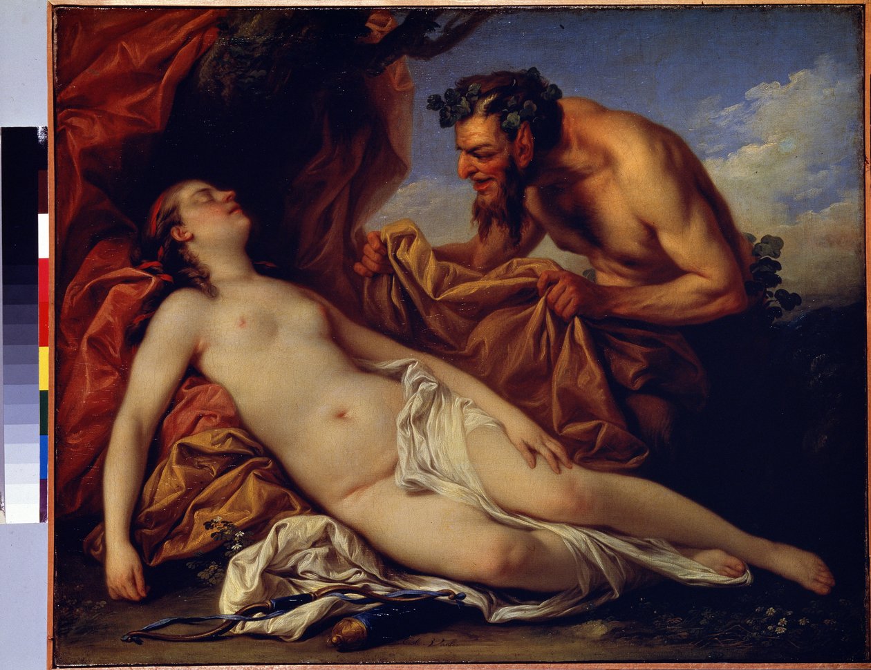 Jowisz i Antiope (Jowisz i Antiope). Obraz Carle Van Loo (1705-1765). Olej na płótnie, 50 x 72 cm, ok. 1753. Szkoła francuska, sztuka rokoko. Muzeum Ermitażu w Sankt Petersburgu. autorstwa Carle van Loo