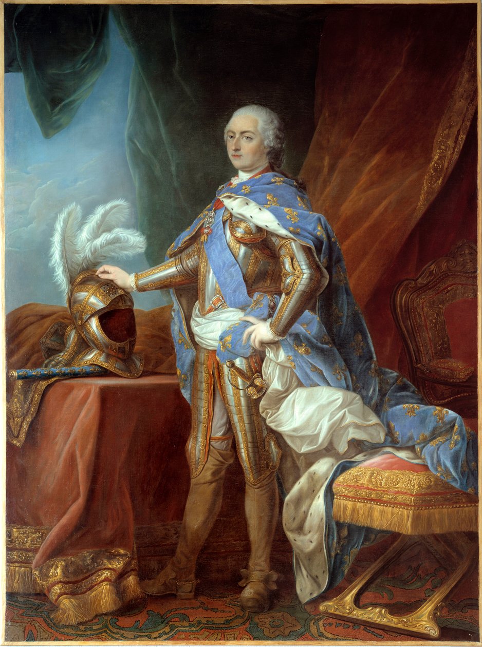 Portret u stóp Ludwika XV (1710-1774), w zbroi, ręka umieszczona na hełmie. Obraz Carle Van Loo (1705-1765), olej na płótnie (271 x 193 cm) autorstwa Carle van Loo