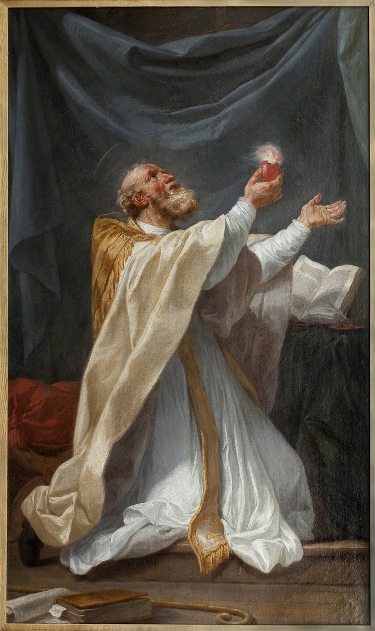 Święty Augustyn w ekstazie rozpala się swoim sercem. Obraz Charlesa Andre Van Loo, dit Carle Vanloo (1705-1765), olej na płótnie, ok. 1750, sztuka francuska. Muzeum Sztuk Pięknych w Angers. autorstwa Carle van Loo