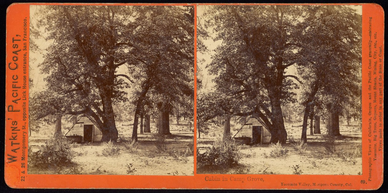 Kabina w Camp Grove, dolina Yosemite, hrabstwo Mariposa, ca. autorstwa Carleton E. Watkins