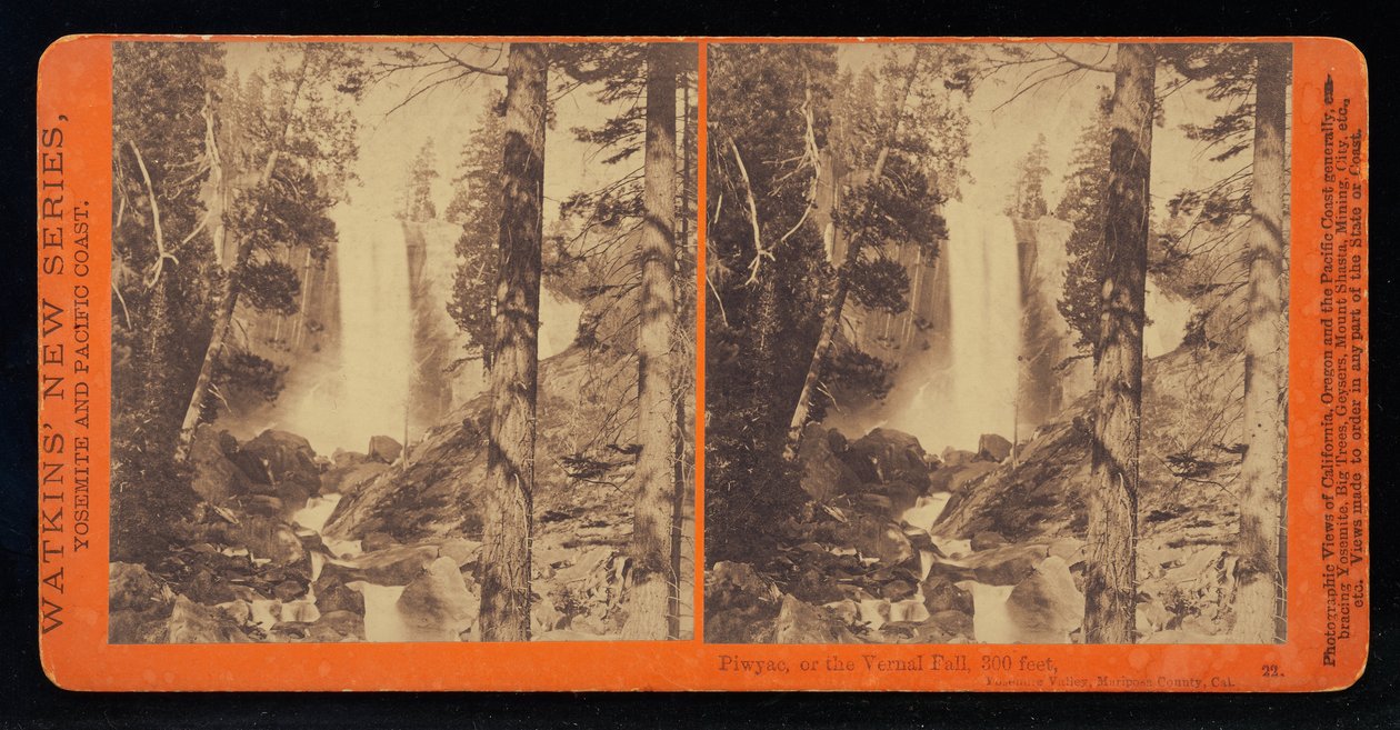 Pic, wiosenny wodospad przy niskiej wodzie, 300 stóp, dolina Yosemite, hrabstwo Mariposa, Cal. autorstwa Carleton E. Watkins