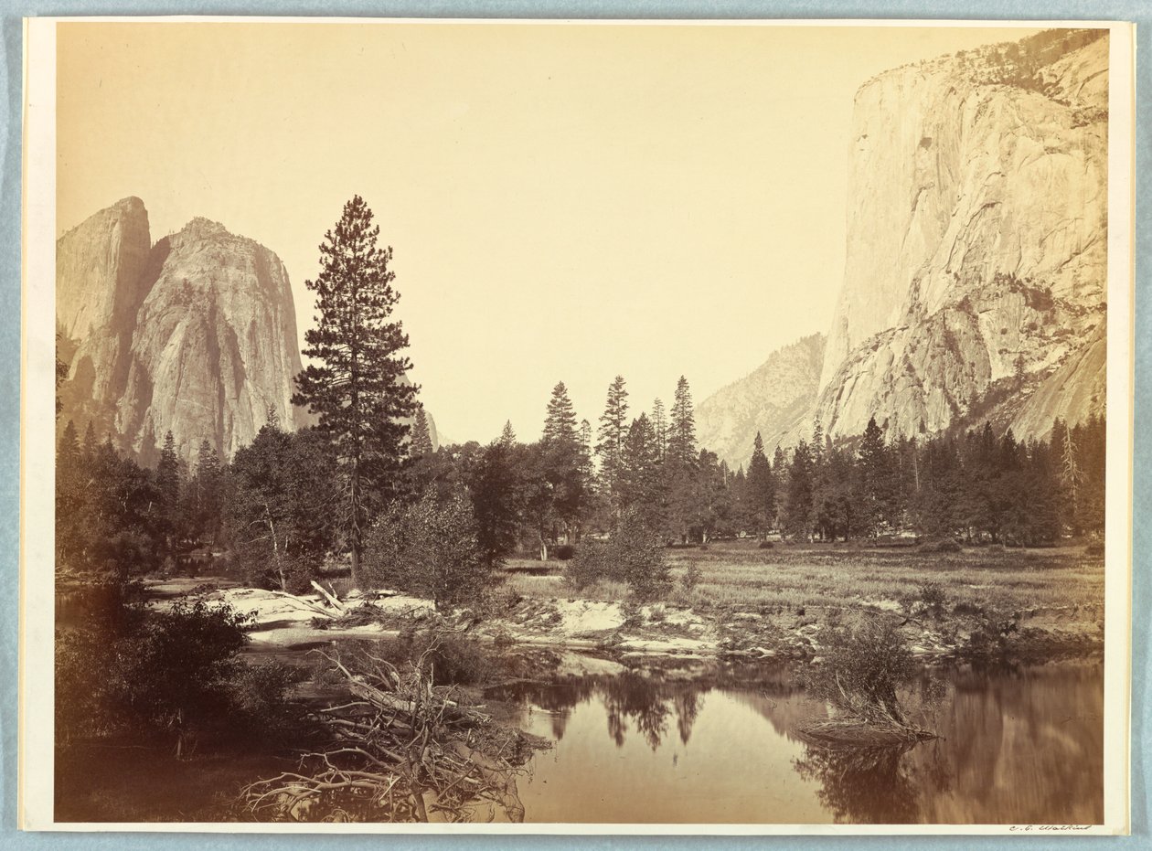 Down the Valley, El Capitan i Cathedral Rocks autorstwa Carleton E. Watkins