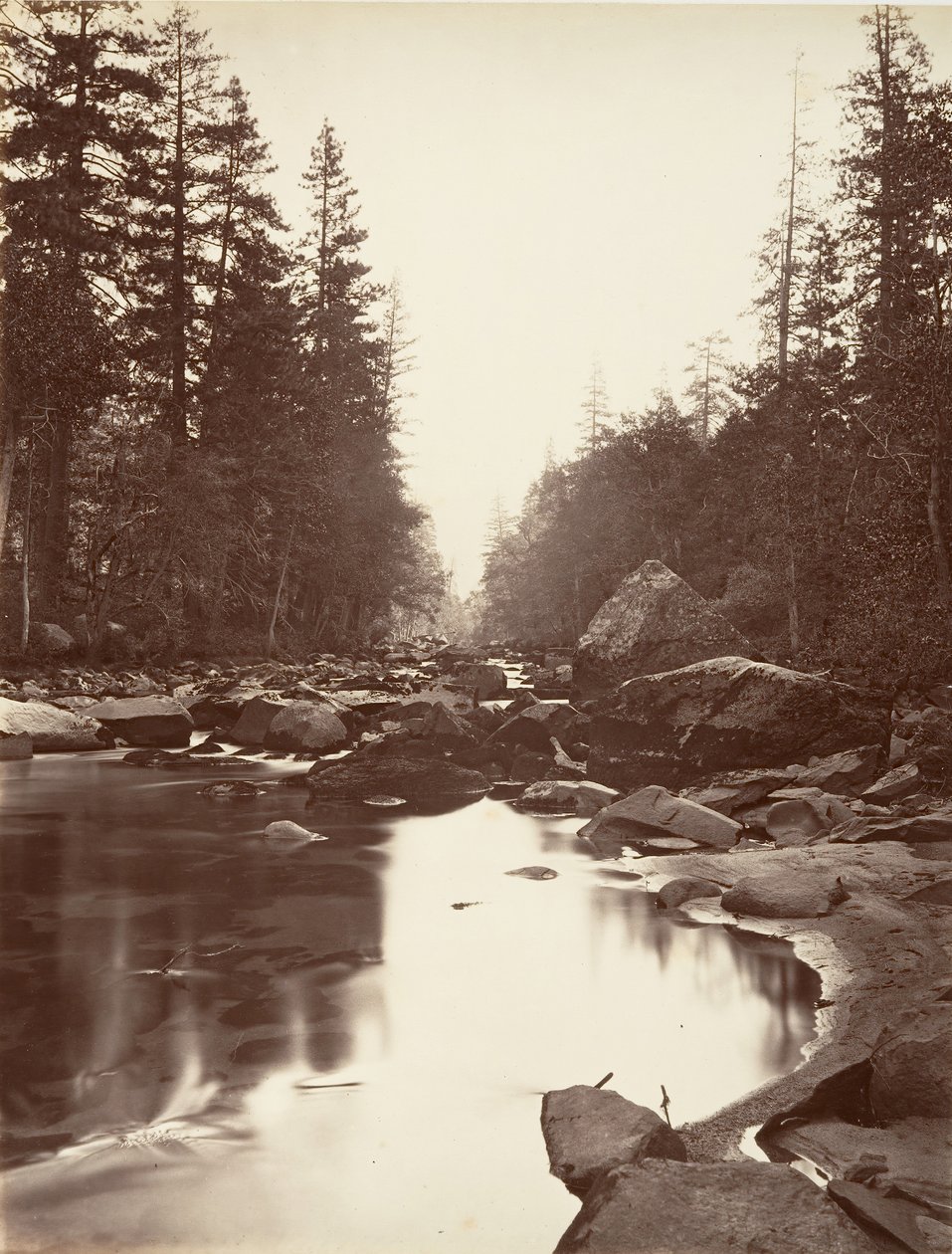 Rzeka Merced, Yosemite, ca. 1872, wydrukowany ca. 1876. autorstwa Carleton E. Watkins.