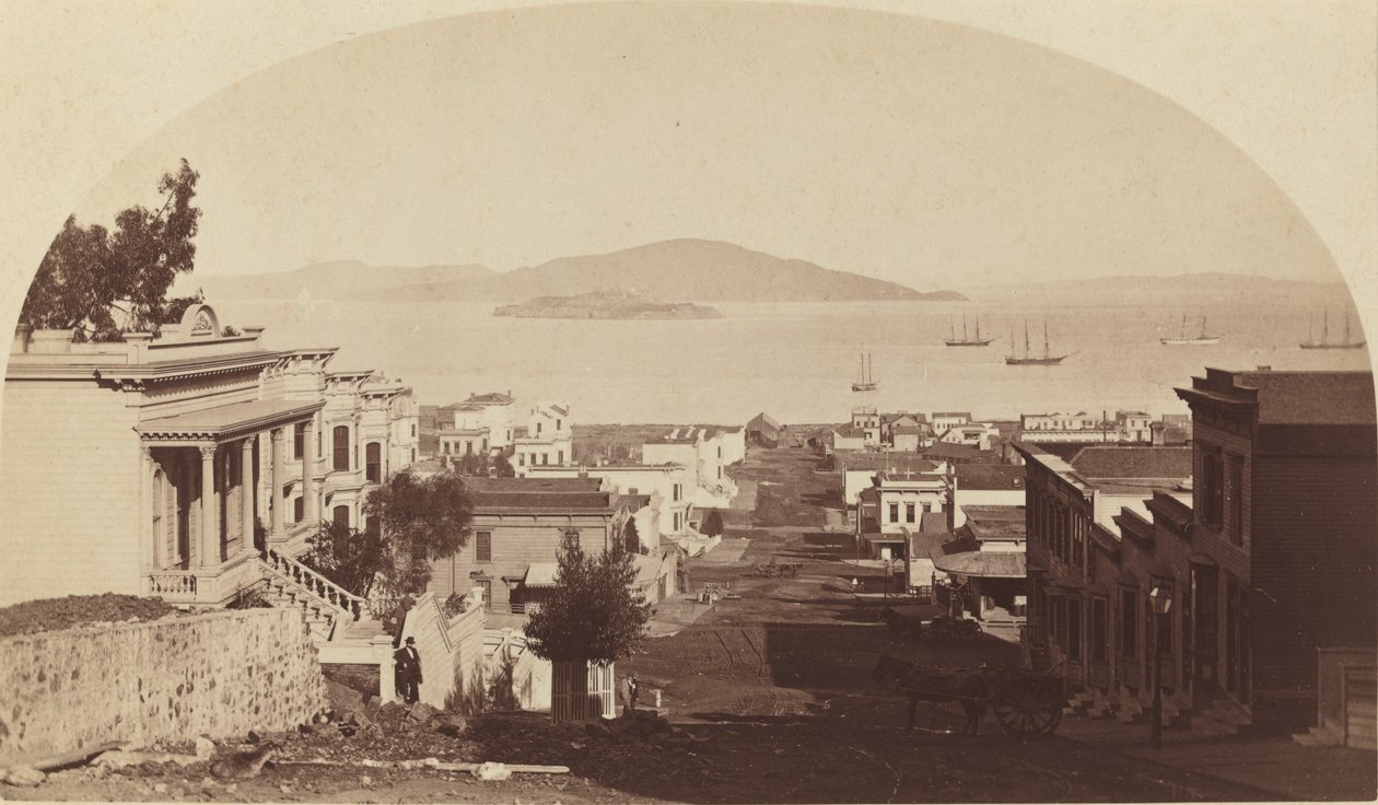 Wyspa Alcatraz i zatoka San Francisco, Patrząc na północ, lata 80. XIX wieku. autorstwa Carleton Emmons Watkins