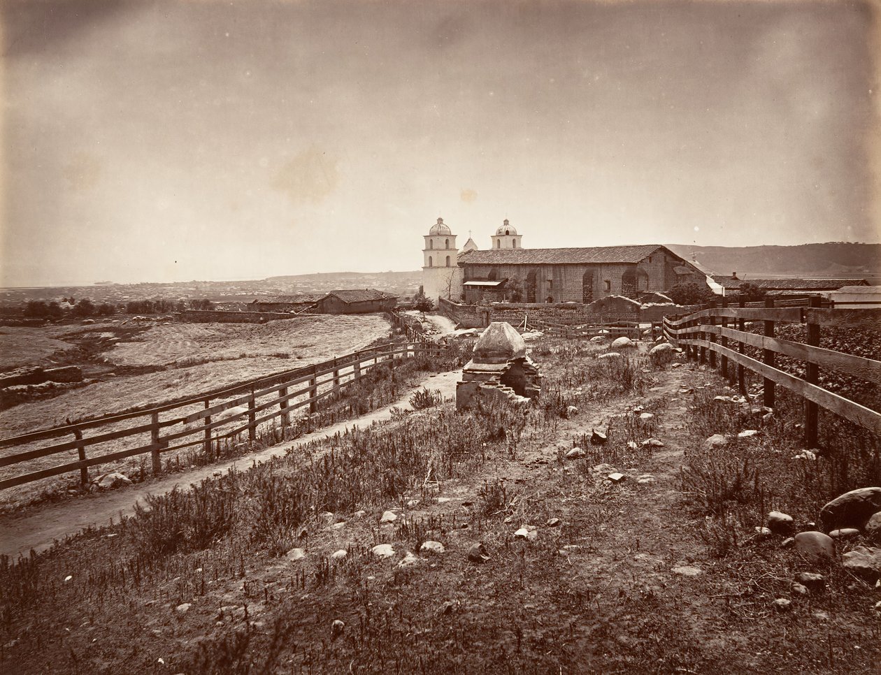 Kościół św. Barbary i Misji, 1876, druk ok. 1876. autorstwa Carleton Emmons Watkins