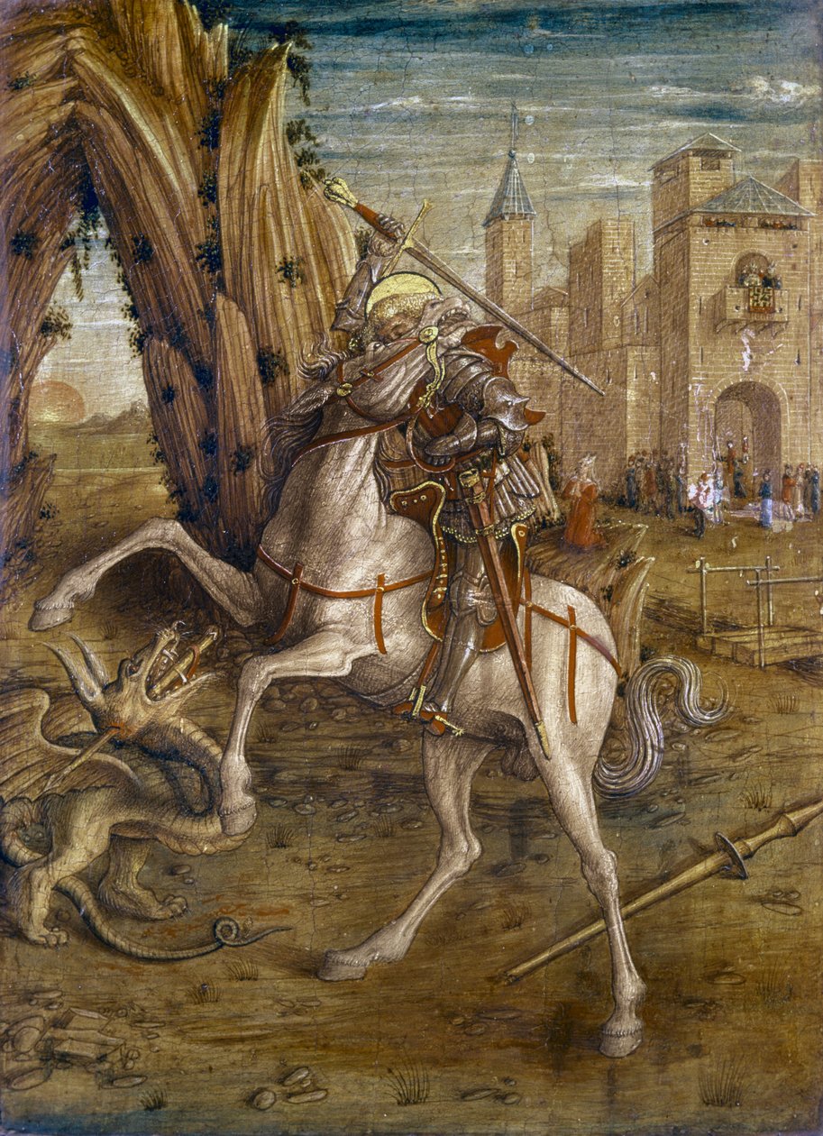 Św. Jerzy i smok, scena z panelu predella ołtarza „Madonna della Rondine”, ok. 1490 (panel) autorstwa Carlo Crivelli