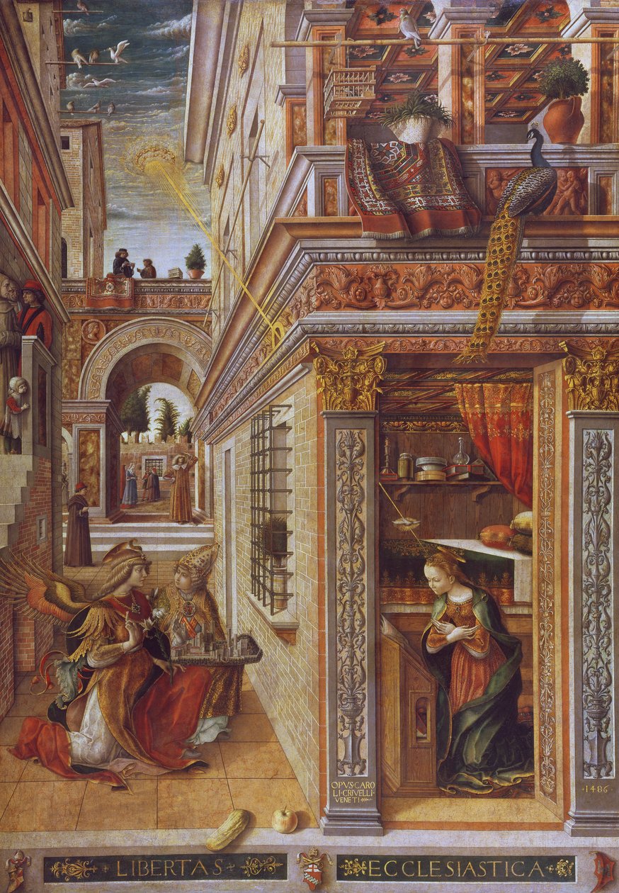 Zwiastowanie ze św. Emidiuszem, 1486 (tempera i olej na płótnie) (szczegóły patrz 72635) autorstwa Carlo Crivelli