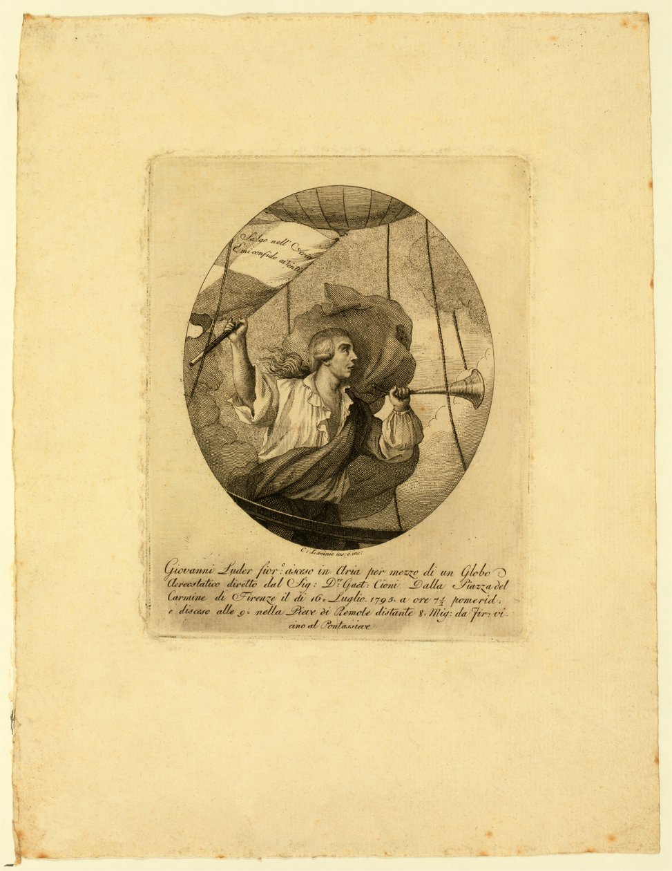 Giovanni Battista Luder, stojący w koszu z balonami podczas wznoszenia się nad Florencją, 1795-1850 autorstwa Carlo Lasinio