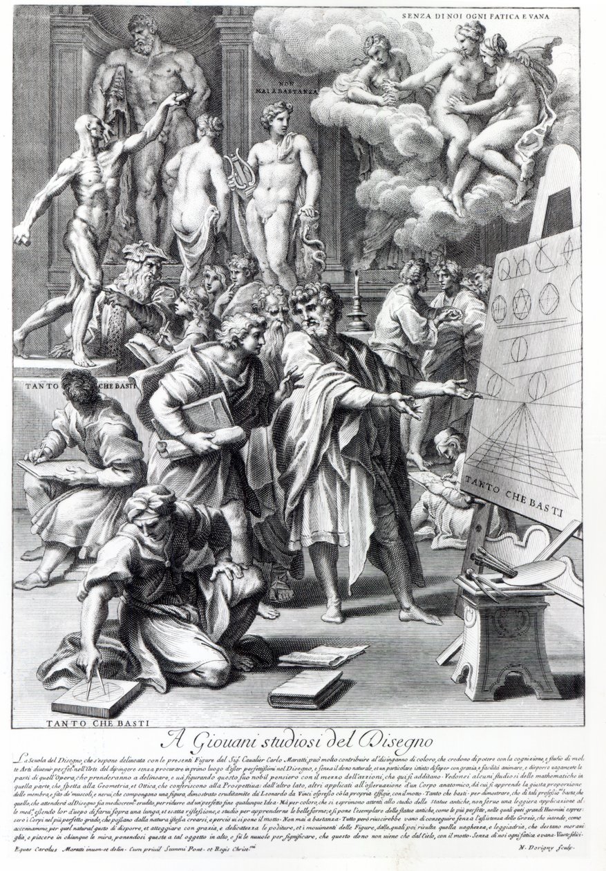 Alegoria studia projektowego, rytowana przez Nicolasa Dorigny autorstwa Carlo Maratta or Maratti
