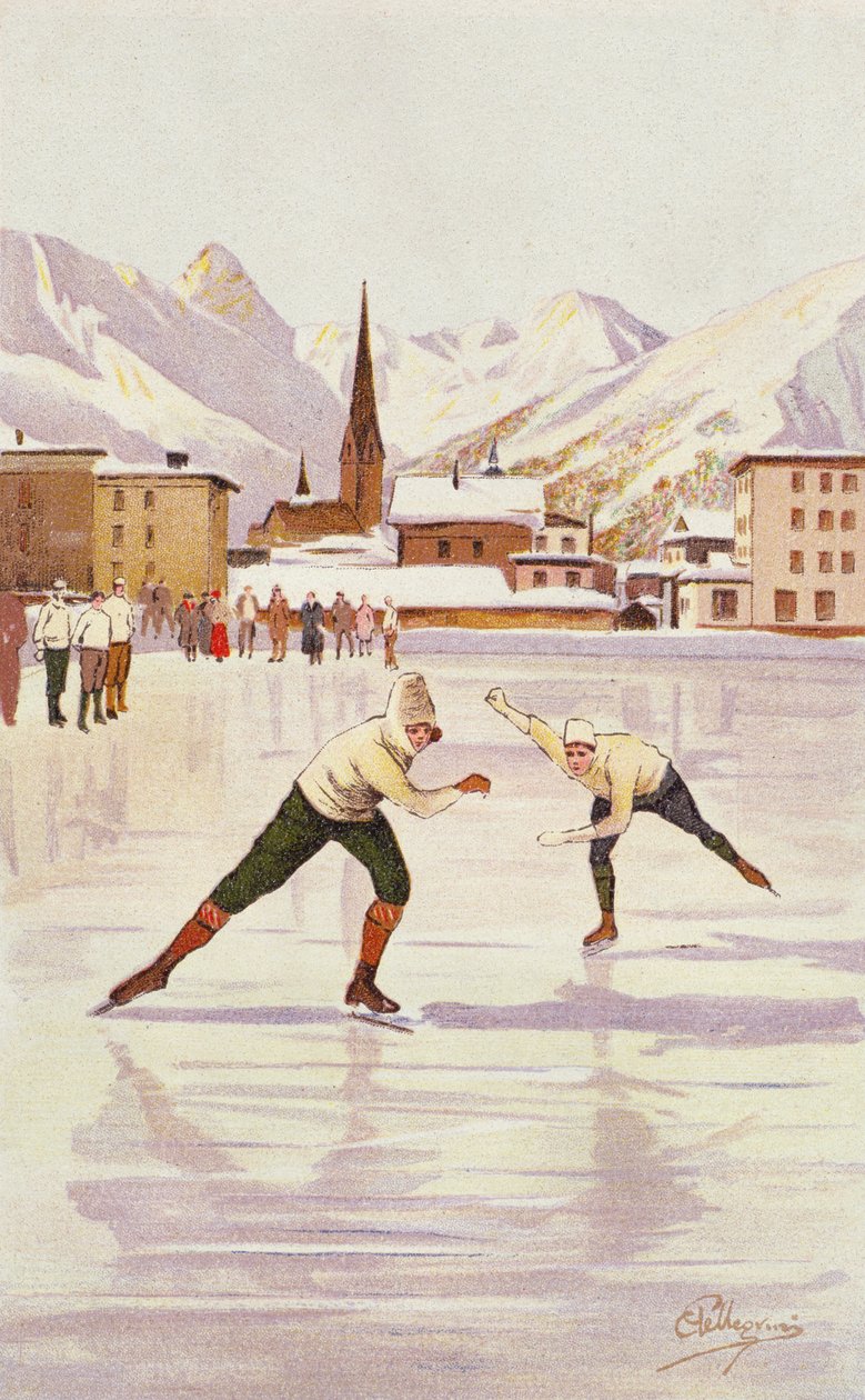 Łyżwiarze ścigają się na lodowisku w Davos, Szwajcaria autorstwa Carlo Pellegrini
