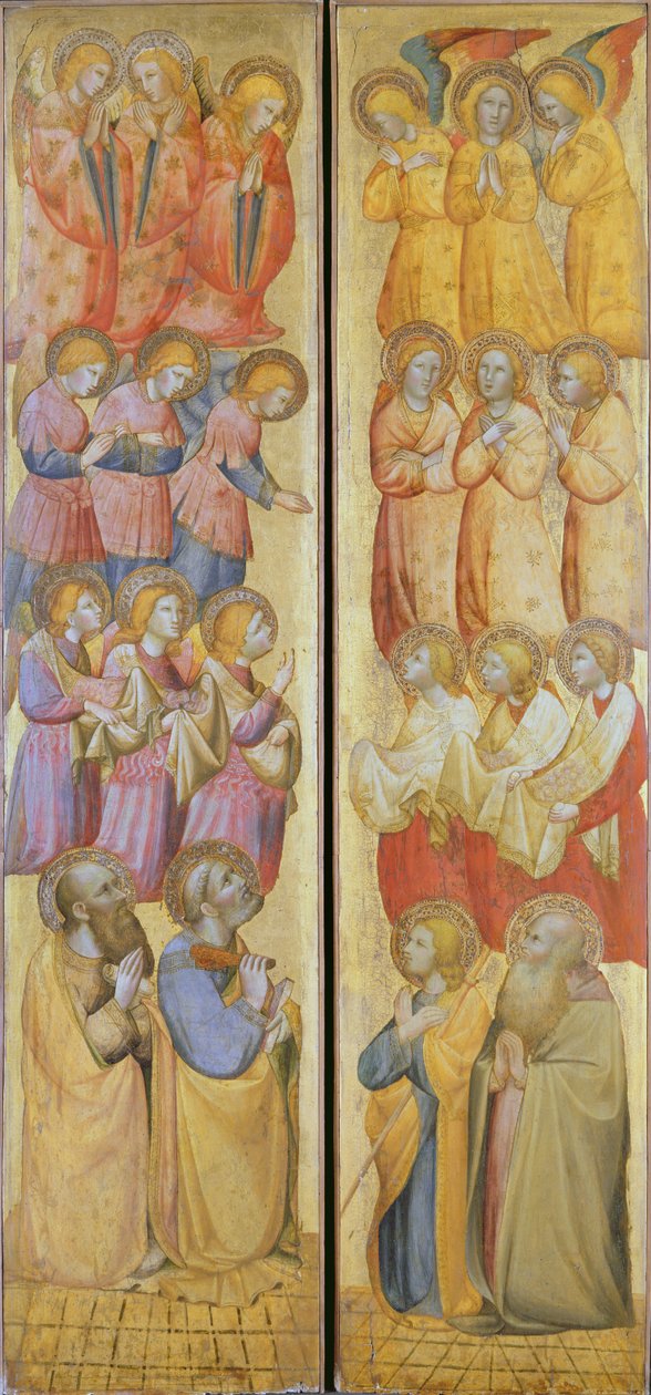 Lewy panel: św. Piotr i św. Paweł z aniołami; Prawy panel: św. Jakub i św. Andrzej z aniołami, ok. 1400 (tempera ze złotem na panelu) autorstwa Carlo da Camerino