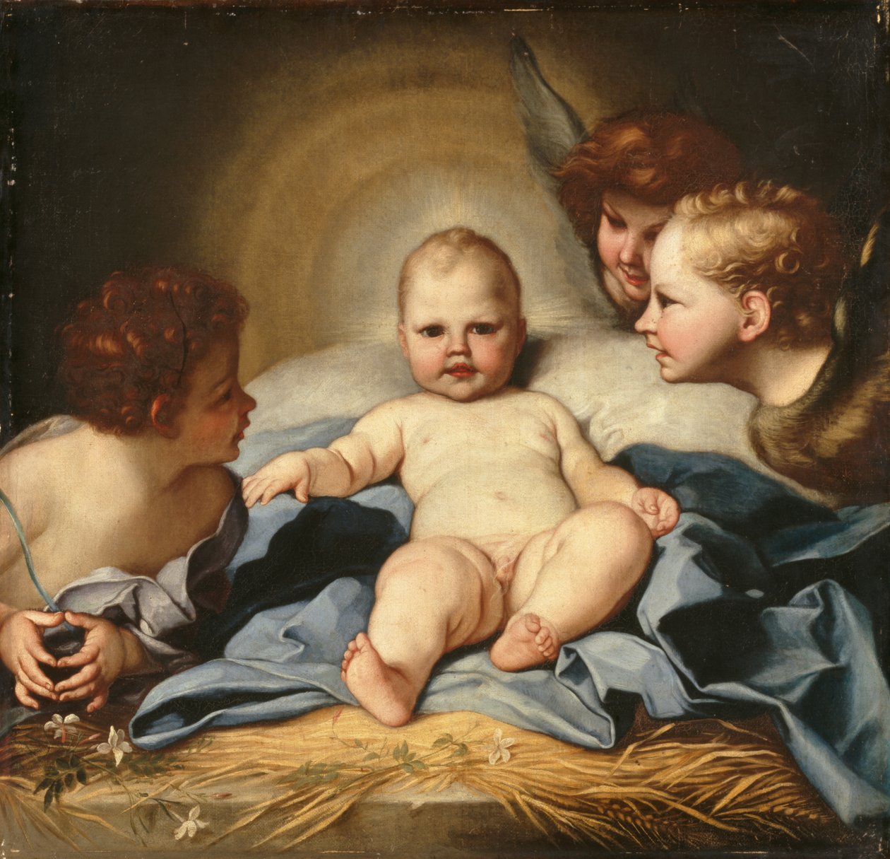 Dzieciątko Chrystus z aniołami i Dzieciątkiem św. Jan Chrzciciel (olej na płótnie) autorstwa Carlo (follower of) Maratta or Maratti