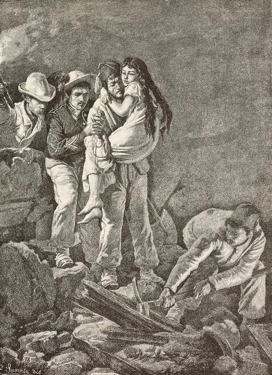 Dziewczyna zostaje uratowana po zawaleniu się jej domu, trzęsieniu ziemi w Casamicciola we Włoszech, rycina z rysunku E Sanesiego i obrazu Carlo Ademollo (1824-1911), z L