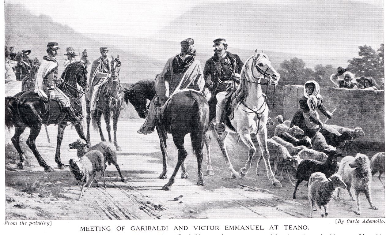 Spotkanie Garibaldiego i Victora Emmanuela w Teano, ilustracja z „Historii narodów Hutchinsona” autorstwa Carlo Ademollo