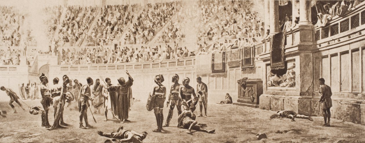 Mnich Almachius usiłujący powstrzymać walkę gladiatorów, ilustracja z „Zarysu historii” H.G. Wellsa, tom II, opublikowany w 1920 r. autorstwa Carlo Ademollo