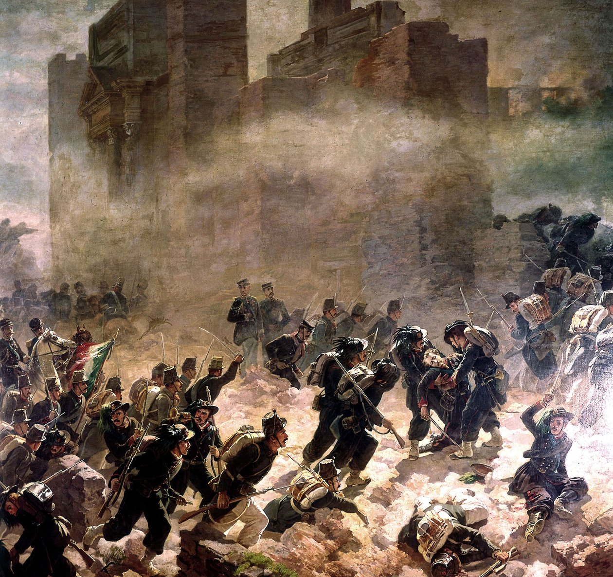 wyłom w bramie Pia w Rzymie w czasach Risorgimento (zjednoczenia Włoch) 1870 (olej na płótnie) autorstwa Carlo Ademollo
