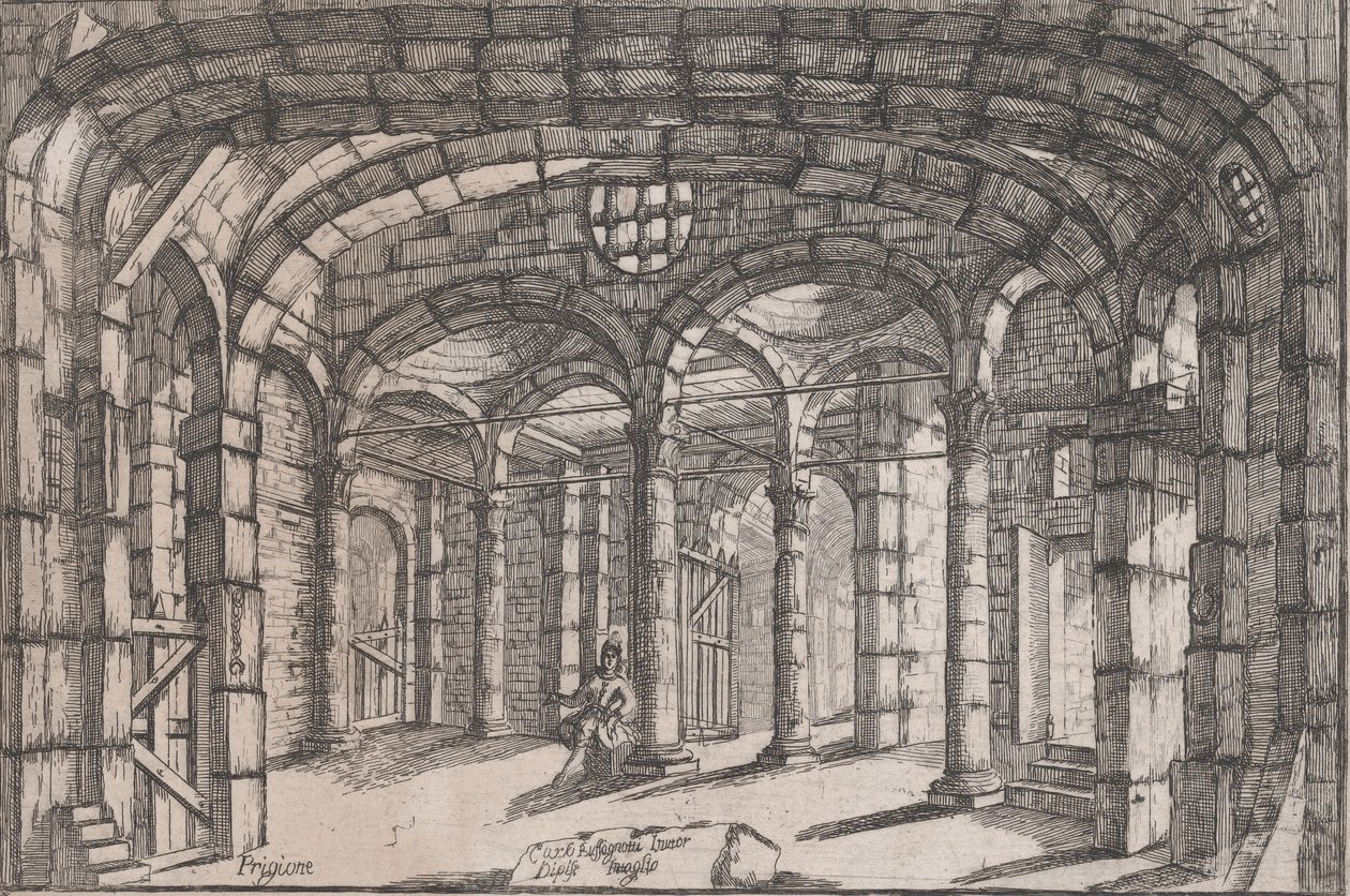 Wnętrze więzienia, w którym siedzi kobieta, ok. 1680-1710. autorstwa Carlo Antonio Buffagnotti
