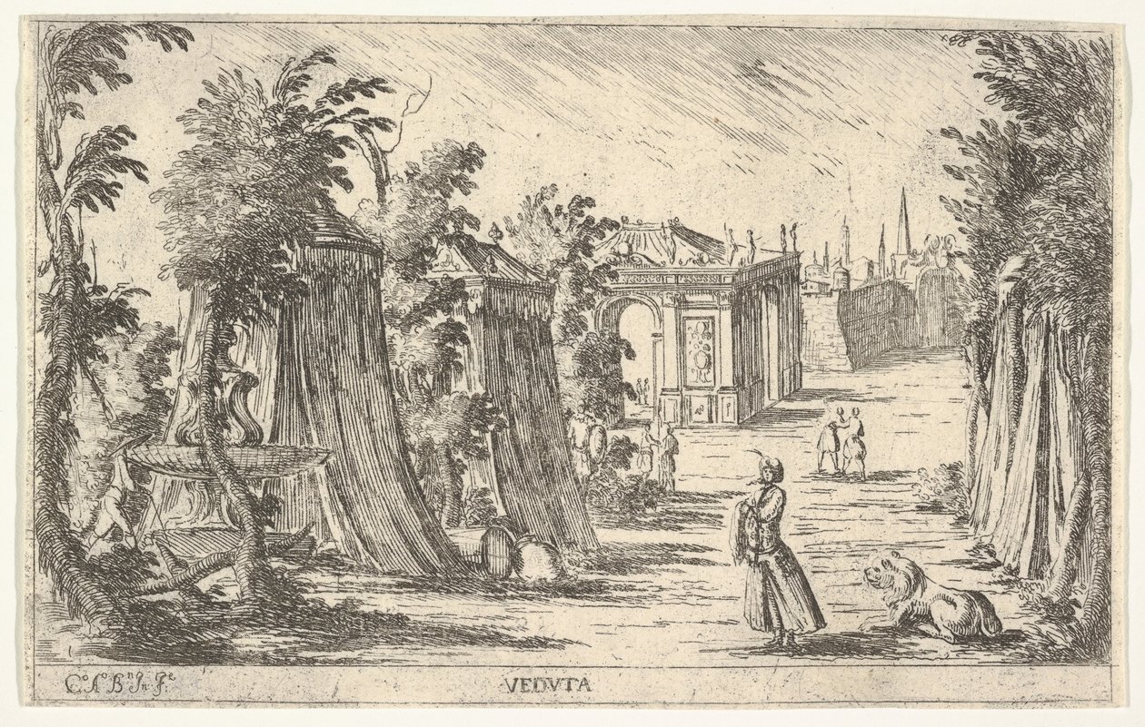 Widok z mężczyzną w turbanie i lwem stojącym po prawej stronie, namioty i klasyczny archite..., 1680-1710. autorstwa Carlo Antonio Buffagnotti