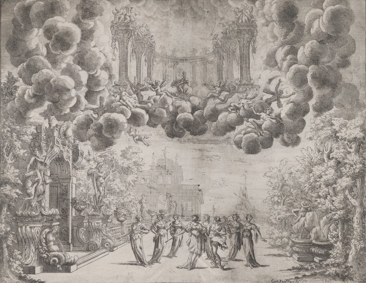 Scenografia z postaciami alegorycznymi, z „Idei wszystkich doskonałości… Piacenz…”, ca. 1690. autorstwa Carlo Antonio Forti