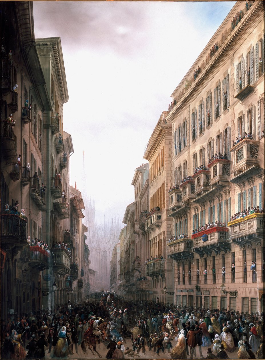 Karnawał na ulicy Mediolanu (olej na płótnie, ok. 1847) autorstwa Carlo Bossoli
