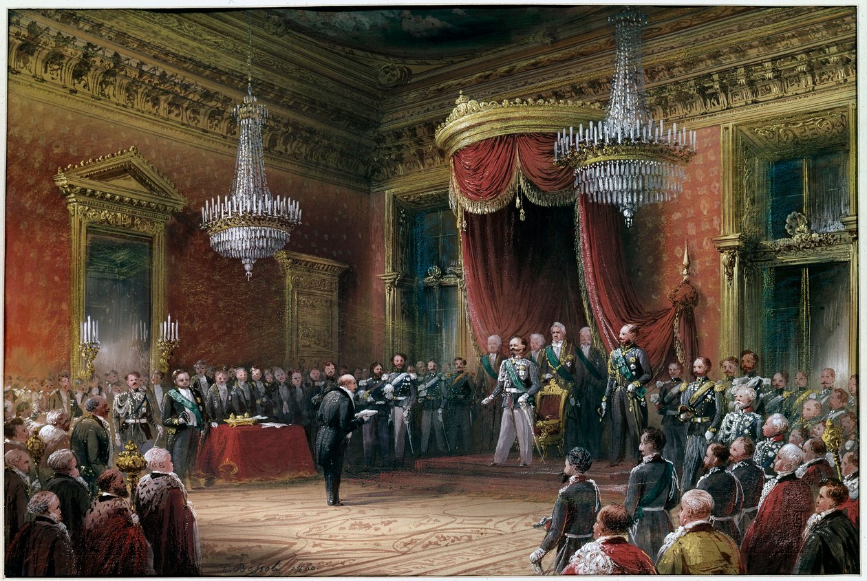 Risorgimento - Carlo Farini (1812-1866) przedstawia Wiktorowi Emanuelowi II (Wiktor Emanuel) (Vittorio Emanuele) (1820-1878) pakt aneksji Emilii Romagna w 1860 r. (olej na płótnie) autorstwa Carlo Bossoli