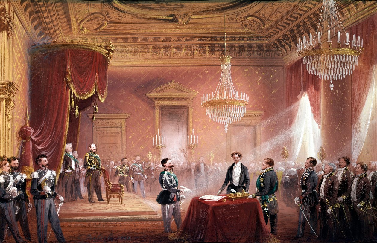 Risorgimento - Victor Emmanuel II (Victor Emmanuel) (Vittorio Emanuele) (1820-1878) podpisał 22 marca traktat o aneksji Toskanii przedstawiony przez Bettina Ricasoli (1809-1880) autorstwa Carlo Bossoli