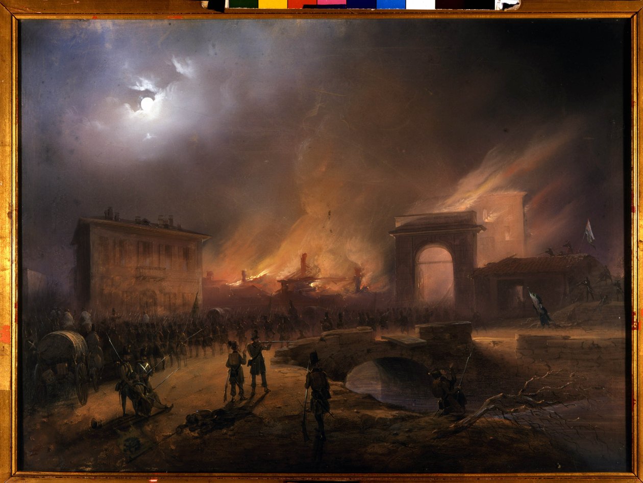 Risorgimento: The Five Days of Milan (Cinque giornate di Milano) (18-22 marca 1848): to jeden z pierwszych epizodów rewolucji 1848 (część pierwszej włoskiej wojny o niepodległość), w której powstali mediolańczycy powstańczy ludność przeciwko autorstwa Carlo Bossoli
