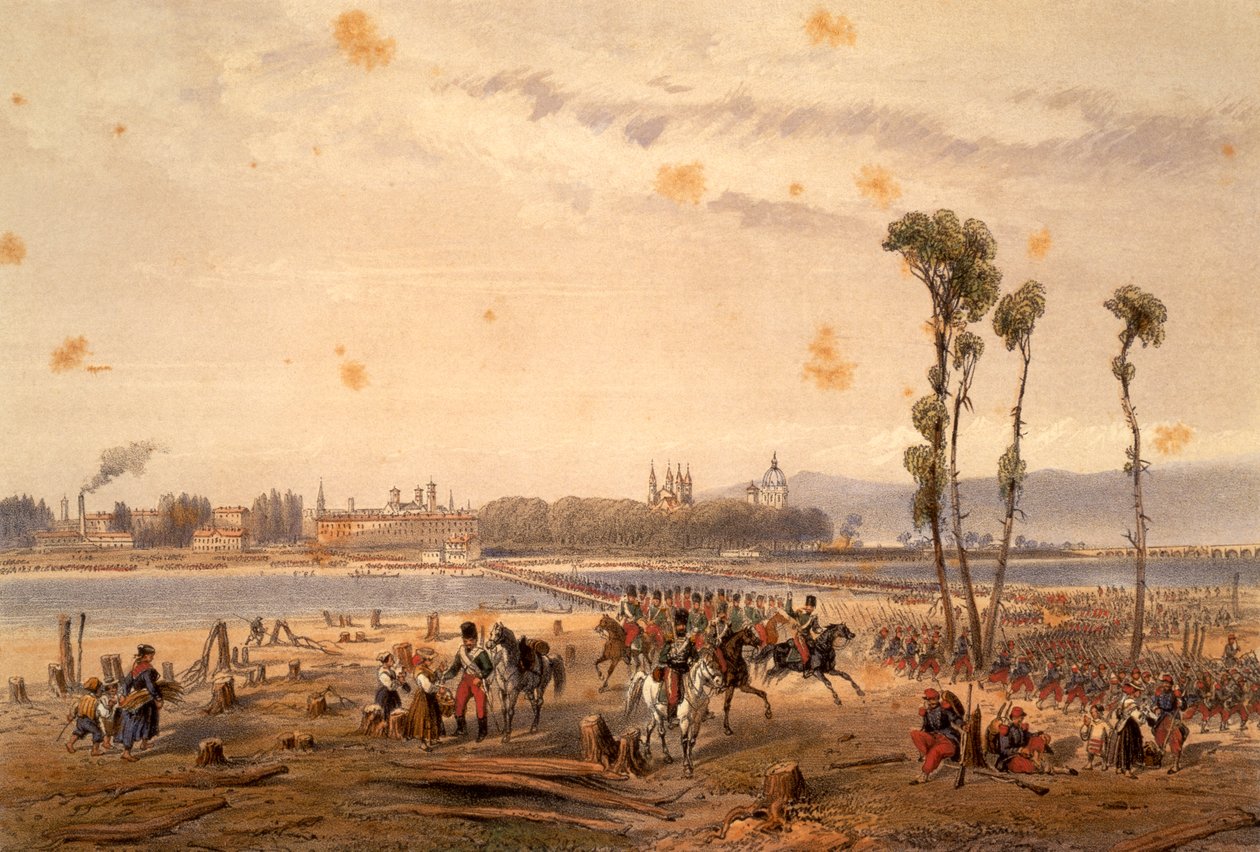 Francuzi mijający Sesię w Vercelli w 1859 r. – Carlo Bossoli (1815–1884), rycina. Druga wojna o niepodległość, Włochy autorstwa Carlo Bossoli