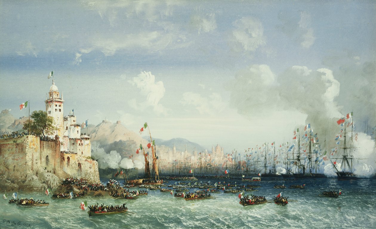 Wojna we Włoszech: Genua, przybycie cesarza Napoleona III, 1859 autorstwa Carlo Bossoli