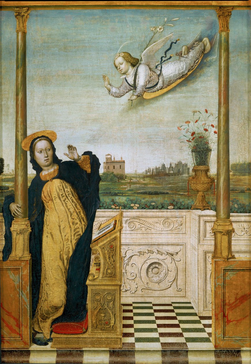Zwiastowanie. Środkowy panel tryptyku (obraz na drewnie) autorstwa Carlo Braccesco