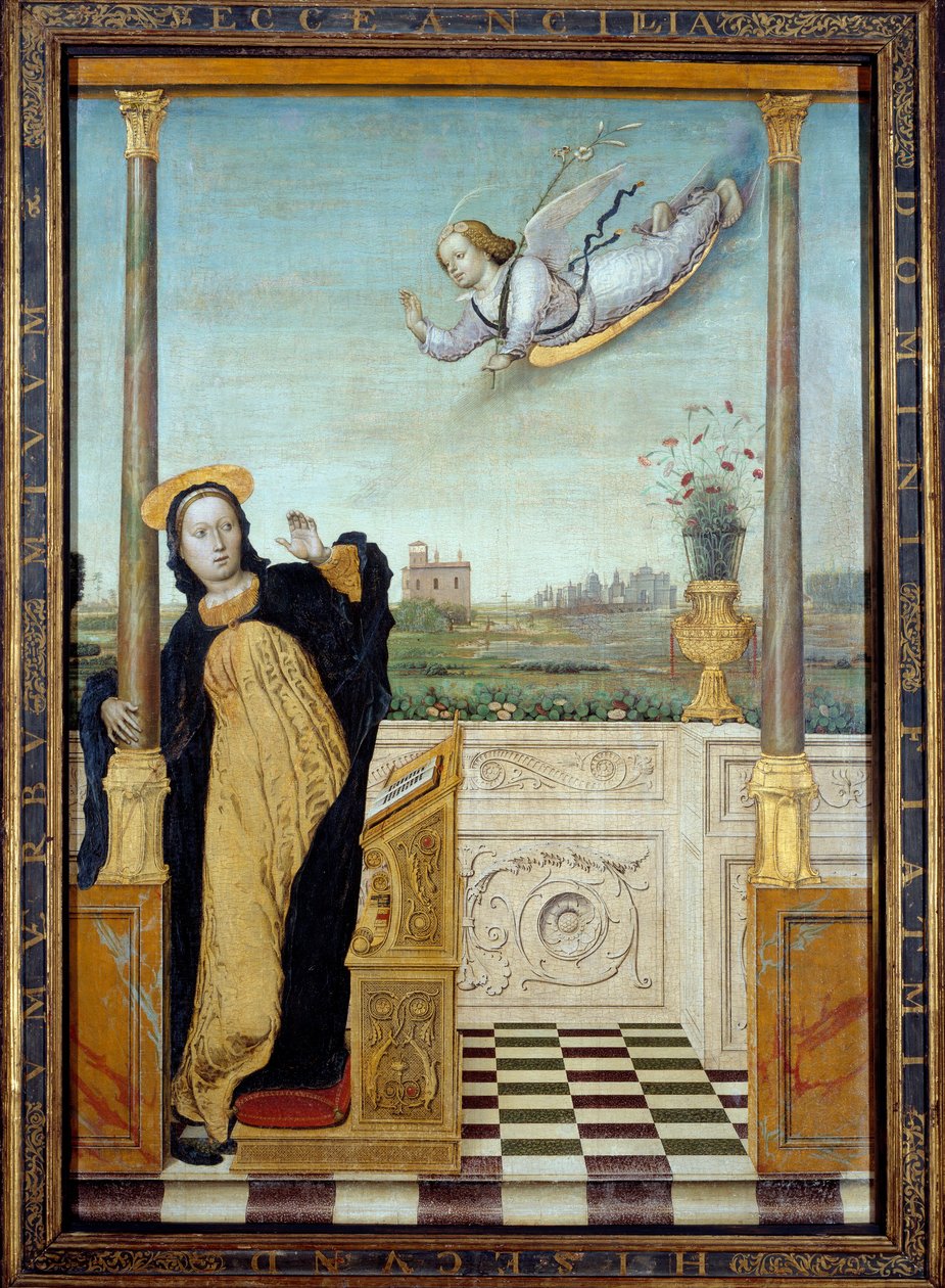 Zwiastowanie. Centralny panel tryptyku. Obraz Carlo Di Giovani Braccesco (1478-1501) autorstwa Carlo Braccesco