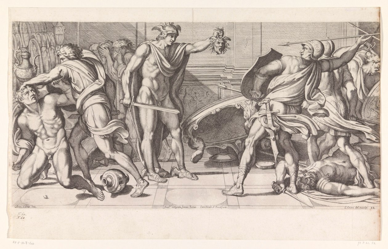 Phineus i jego zwolennicy zamienili się w kamień Obrazy w Palazzo Farnese w Rzymie (tytuł serii) Galeria nel Palazzo Farnese w Rzymie (tytuł serii) autorstwa Carlo Cesio