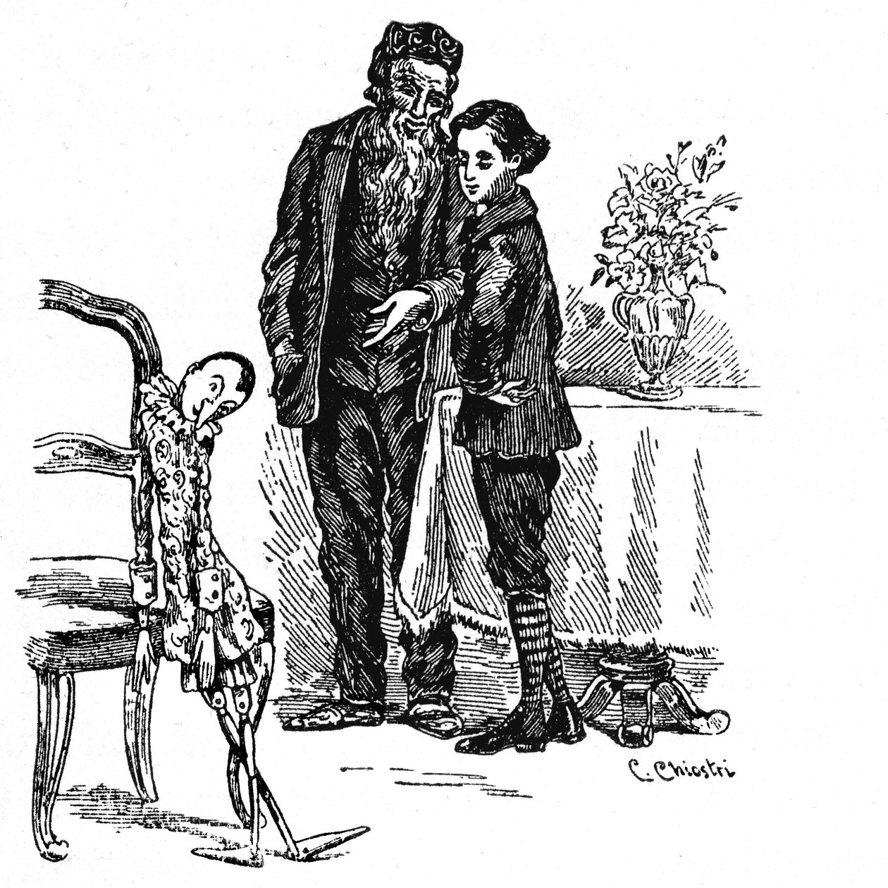 Ilustracja przedstawiająca Pinokia autorstwa Carlo Chiostriego (1863-1939), jednego z pierwszych włoskich ilustratorów dzieł Collodiego. Pinokio, który w końcu staje się prawdziwym małym chłopcem, patrzy z Geppettto na drewnianą marionetkę, którą był. autorstwa Carlo Chiostri