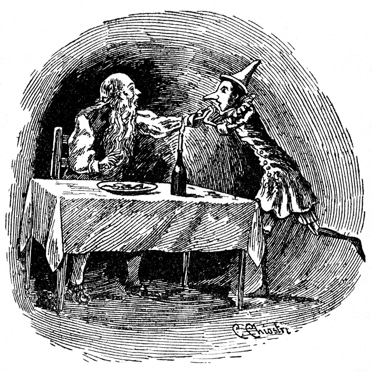 Ilustracja przedstawiająca Pinokia autorstwa Carlo Chiostriego (1863-1939), jednego z pierwszych włoskich ilustratorów dzieł Collodiego. Drewniana kukiełka znajduje swojego ojca Gepetto w brzuchu rekina, który je połknął. autorstwa Carlo Chiostri