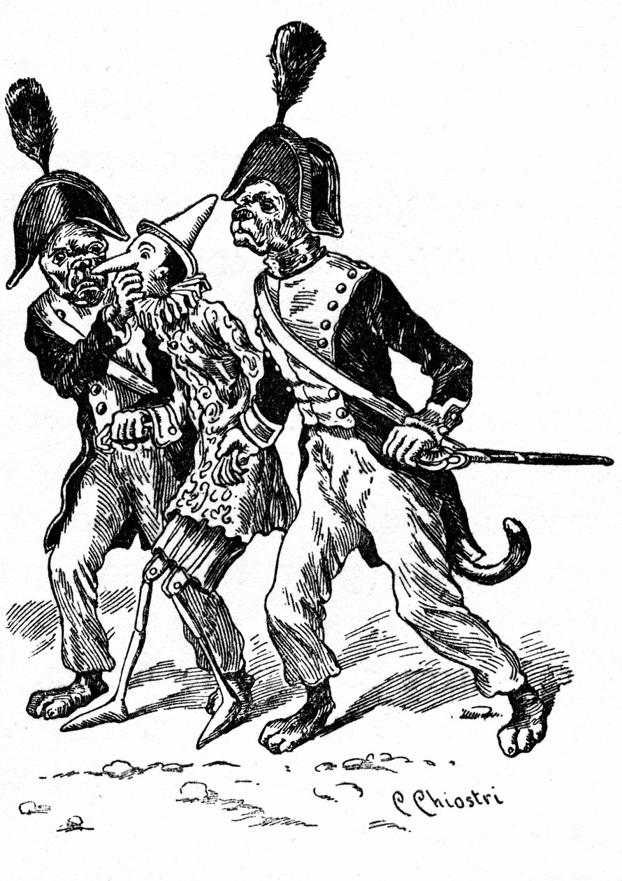 Ilustracja przedstawiająca Pinokia autorstwa Carlo Chiostriego (1863-1939), jednego z pierwszych włoskich ilustratorów dzieł Collodiego. Dwa psy przebrane za żandarmów biorą drewnianą kukiełkę. autorstwa Carlo Chiostri