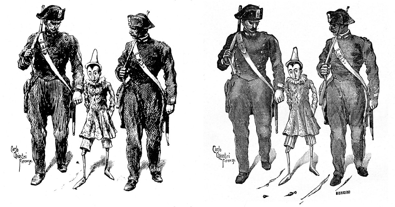 Pinokio – Carlo Chiostri (1863-1939), jeden z pierwszych włoskich ilustratorów dzieł Collodiego (Carlo Lorenzini). Dwóch żandarmów bierze drewnianą kukiełkę. Obraz po lewej to oryginalny rysunek Chiostriego, ten po prawej to grawerowanie carri autorstwa Carlo Chiostri